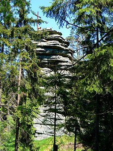 Felsen mit Gipfelkreuz und Gipfelbuch